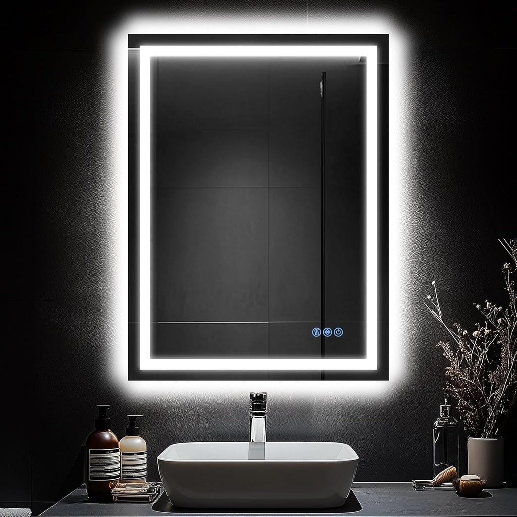LED Bathroom Mirror, 24"x36" with Frontlit and Backlit Anti-Fog Mirror with Lights LED Vanity Mirror for Bathroom 3 Colors Temperature & Dimmable Bathroom Mirror with HD Tempered Glass