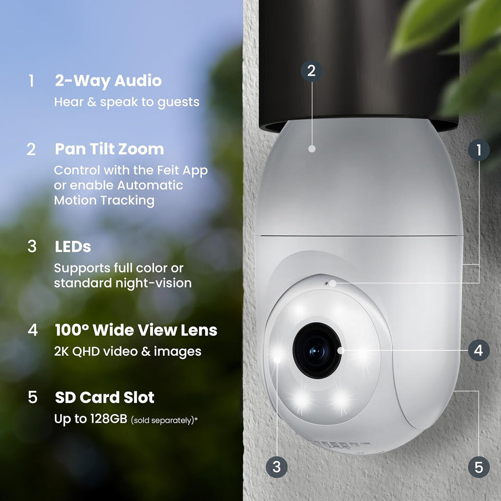 Feit Electric Smart Security Camera Bulb, 2K QHD Resolution, 2-Way Audio, Human Tracking, 350° Pan, Night Vision, Motion Alerts, E26 Base, Alexa/Google Assistant Compatible, CAM/PAN/WIFI/E26/2K