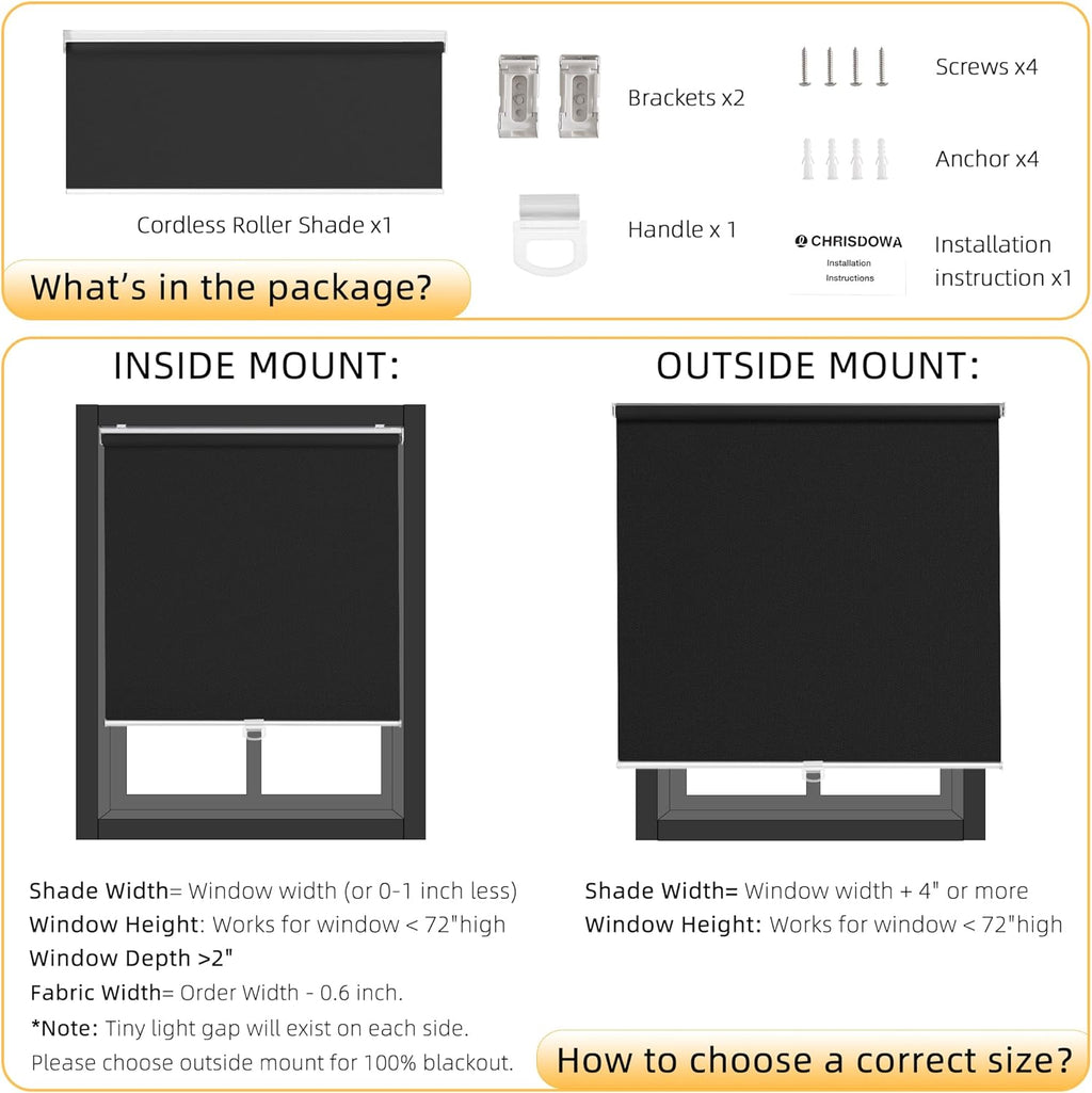 ChrisDowa Cordless Blackout Roller Shades for Windows, Thermal Insulated UV Protection Pull Down Shades, Total Blackout Window Blinds for Home, Office, Bedroom, Door (51" W x 72" H, Black)