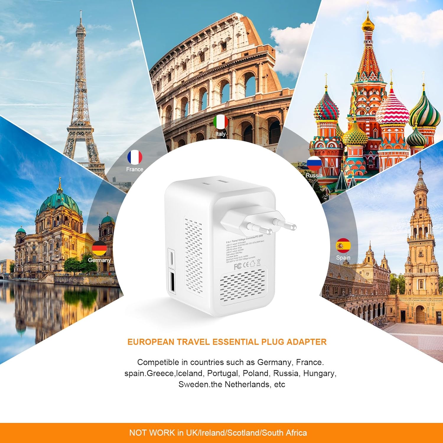 220 V to 110 V Voltage Converter, 20 W PD, Reduces 220 V to 120 V, U.S. to Europe Travel Converter for Over 80 Countries, Including Most European Countries, France, Germany, Italy and Australia
