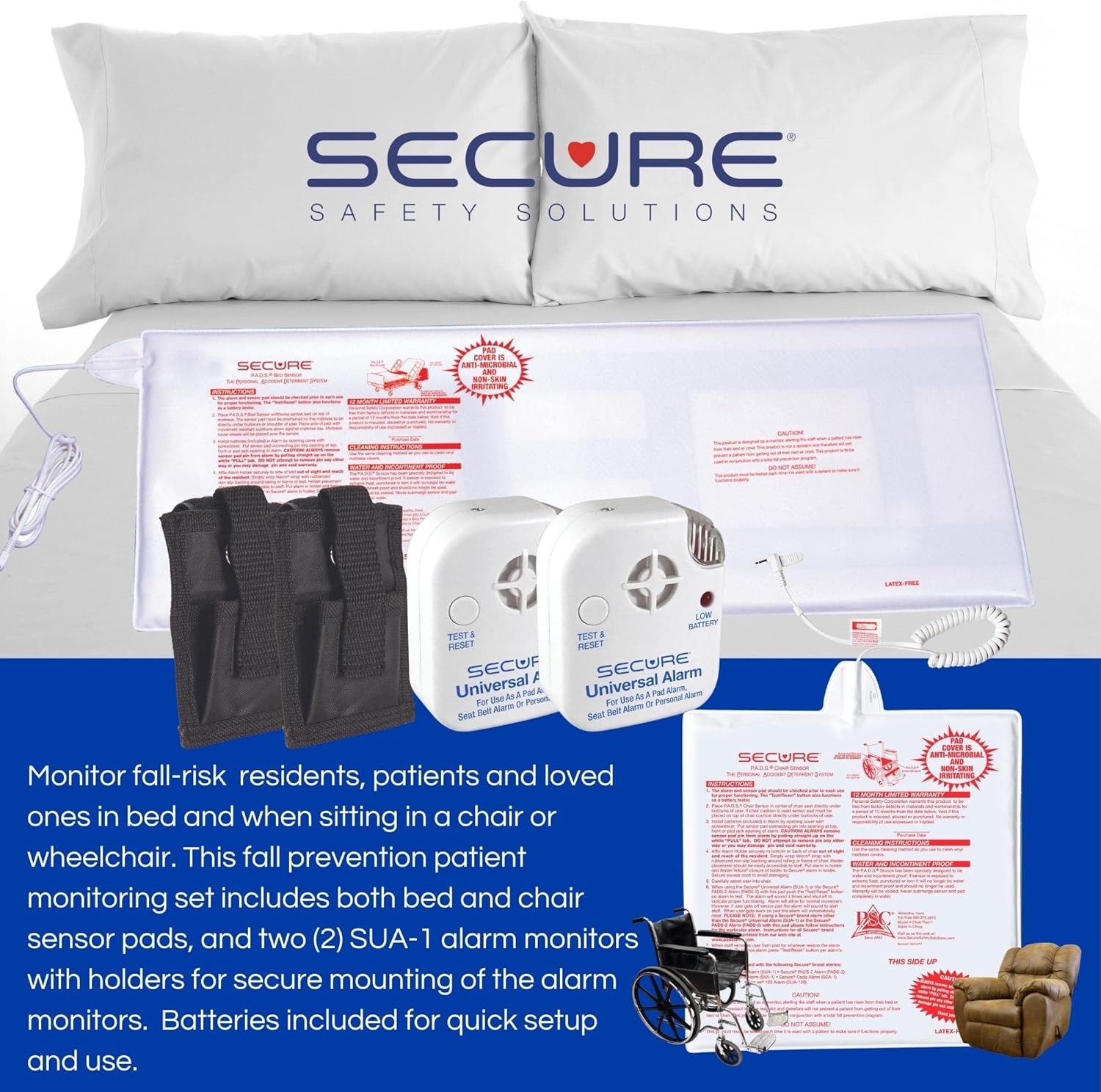 Secure Chair and Bed Alarm for Elderly Adults - Two Alarm Monitors, Bed Sensor and Chair Sensor - Bed Alarms and Fall Prevention for Elderly Dementia Patients