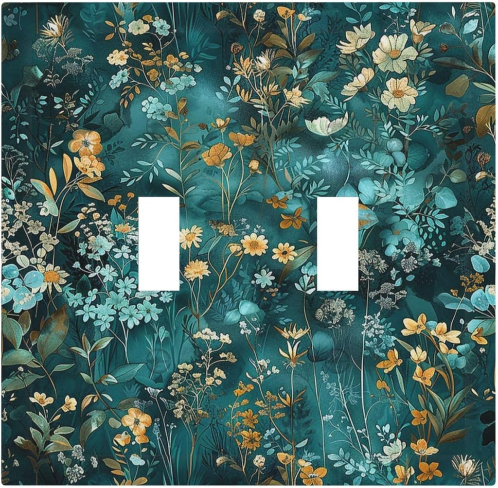 Decorative Switch Plates Green Leaf Floral Boho Golden Flower Plant 2 Gang Double Toggle Outlet Light Switch Cover Wall Plate Electrical Faceplate For Bed Room Cabin Decor