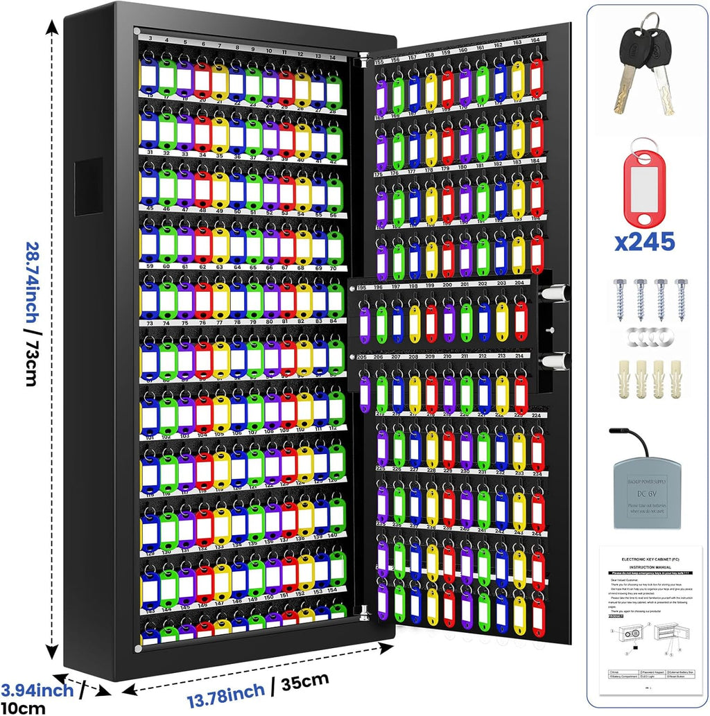 254 Keys Digital Key Lock Box Wall Mount with Code, Heavy Duty Anti-Theft Key Lock Box with Side Drop Slot and Colorful Key Tags for Car Garage House Rental Office