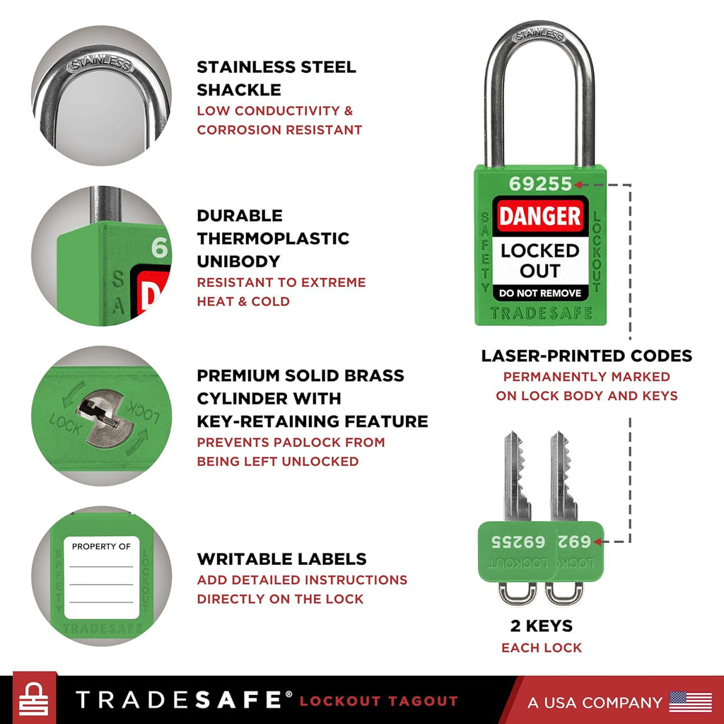TRADESAFE Lockout Tagout Locks Set - 7 Green Loto Locks, Lockout Locks Keyed Different, 2 Keys Per Lock, OSHA Compliant Lock Out Tag Out Padlocks, Safety Padlocks for Electrical Lockout Tag Out Kits