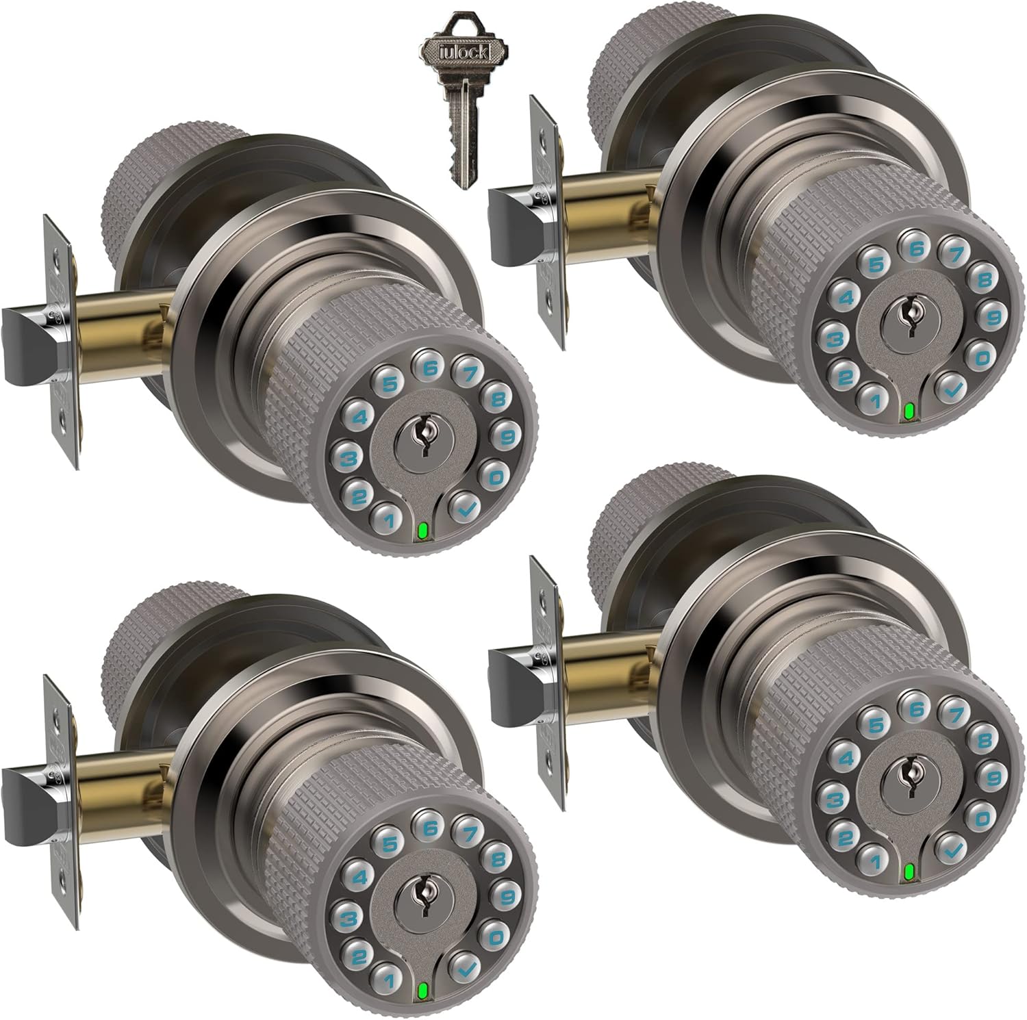 Smart Door Knob with Keypad and Key,Keyless Entry Door Lock with Rubber Grip, Auto Lock,50 User Code,Waterproof, Easy to Install and Program for Bedroom(Stain Nickel Same Key 4 Pack)