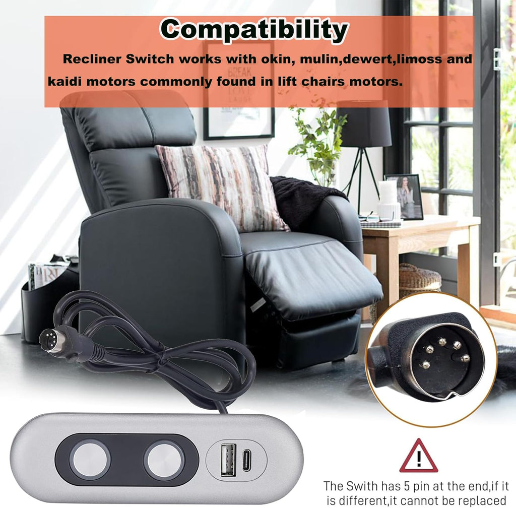 Recliner Switch,2 Button 5 Pin Lift Chair or Power Recliner Manual Control with USB A and C Interfaces Recliners Replacement Parts Limoss Lazboy Pride Catnapper Stand