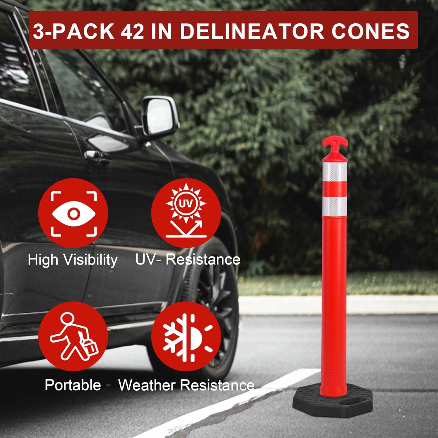 OrangeStar 3-Pack 42" Traffic Cones with Heavy Duty Base & Reflective Collars, Safety Delineators for Road Construction, Parking Lot, Traffic Control