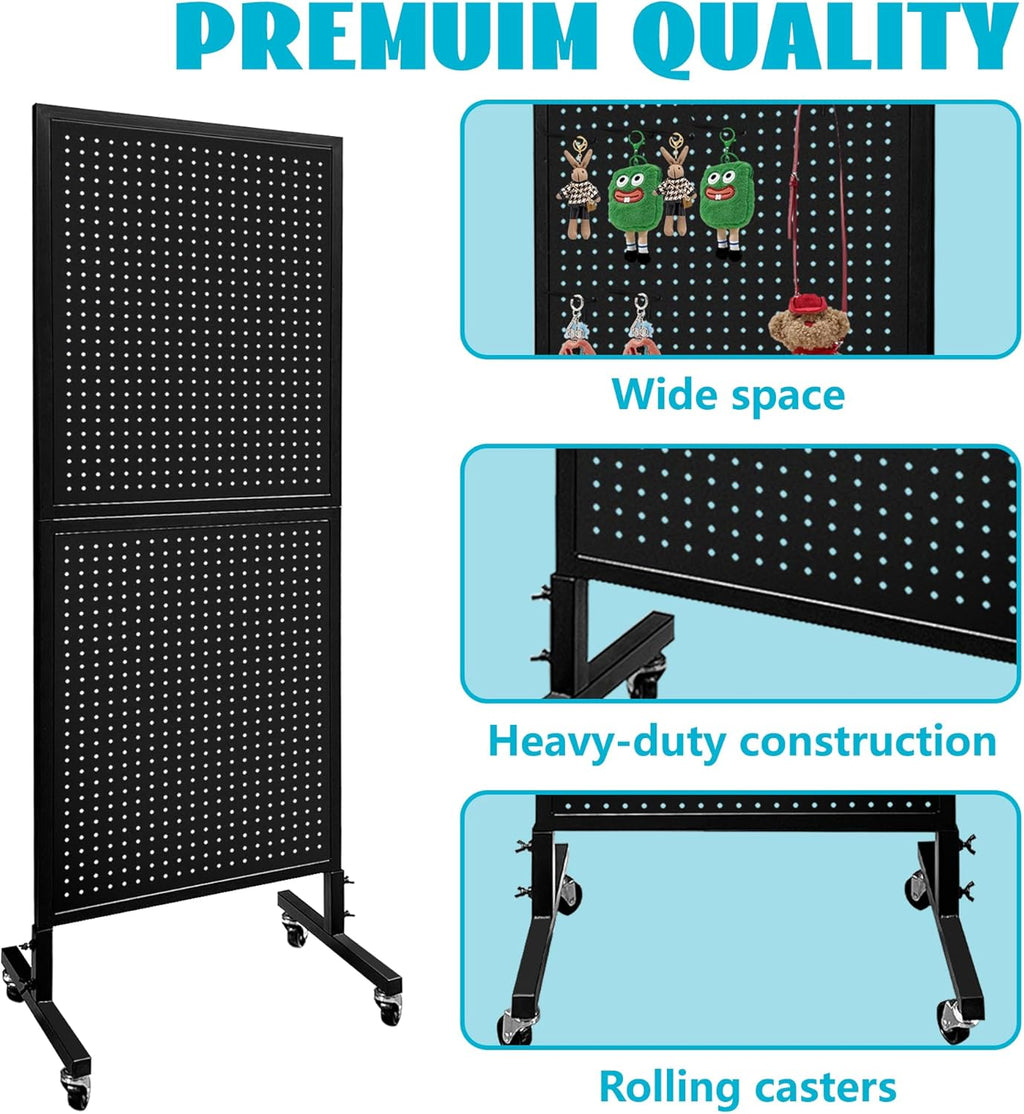 Royxen Standing Pegboard Display 2 x 5 Feet, Metal Pegboard with 30 Hooks, Peg Board Display Stand with Wheels for Vendors, Home and Retail Store (Black)