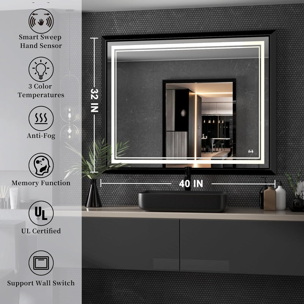 LED Bathroom Mirror: 40x32 Inch LED Bathroom Vanity Mirror - Black Framed Lighted Mirror for Bathroom Anti-Fog Gesture Control Dimmable Memory Function Tempered Glass