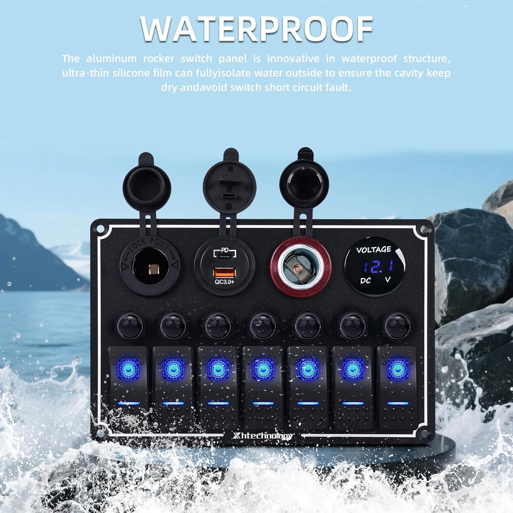 7 Gang Marine Boat Switch Panel with Dual USB Charger & Voltmeter, Waterproof Aluminum Rocker Switch Panel for Marine Automotive Truck RV Trailer with Lighter Socket Press Protector, 12/24V Black