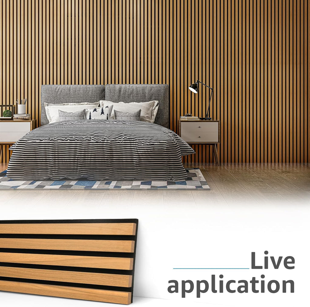 Art3d 4-Pack 94.5 x 7.9 inch Acoustic Wood Slat Wall Panels for Interior Decor, 3D Fluted Sound Absorbing Wood Paneling for Accent Wall Ceiling Kitchen Living Room Bedroom Office, Warm Teak
