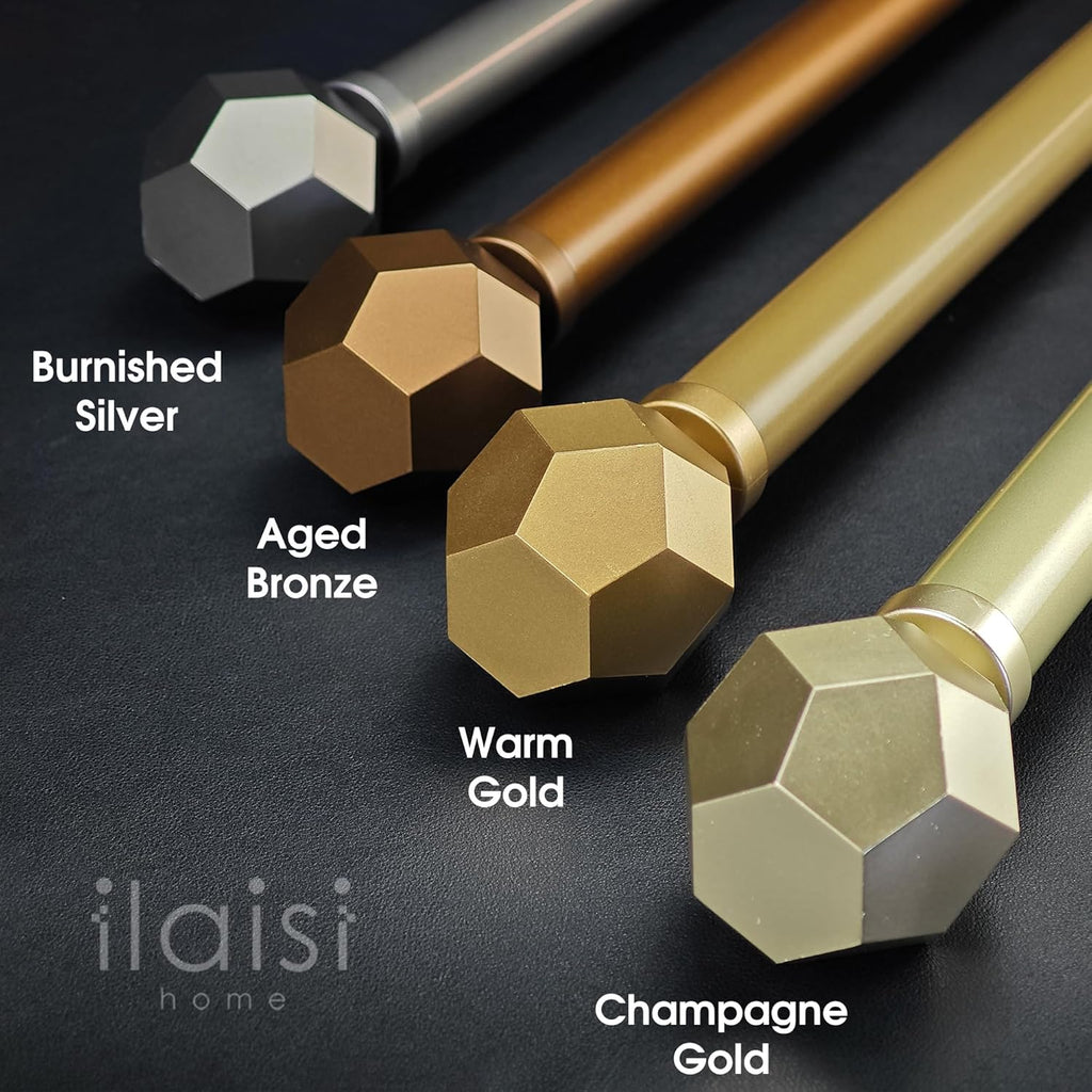 1-1/8 Inch Diameter Champagne Gold Curtain Rod with Geometric Faceted Finials, 36-72'' Telescoping Single Curtain Rods for window width 24-68 inch, 1 pack