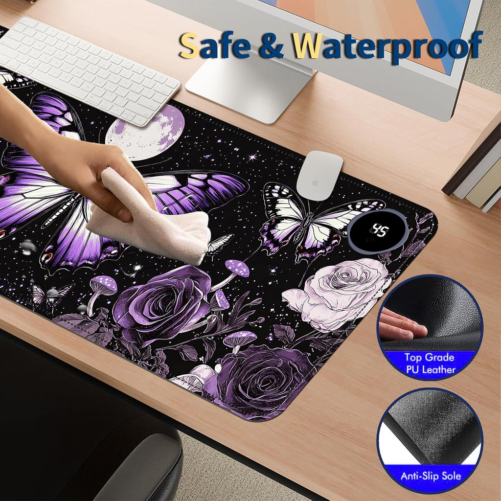 Heated Mouse Pad with 3 Temperature Settings(104°F–122°F),Large 31.5x13 Inch PU Leather Heated Desk Mat,Waterproof Warming Pad for Office,Gaming & Cold Hands Relief,Purple Butterfly Flower