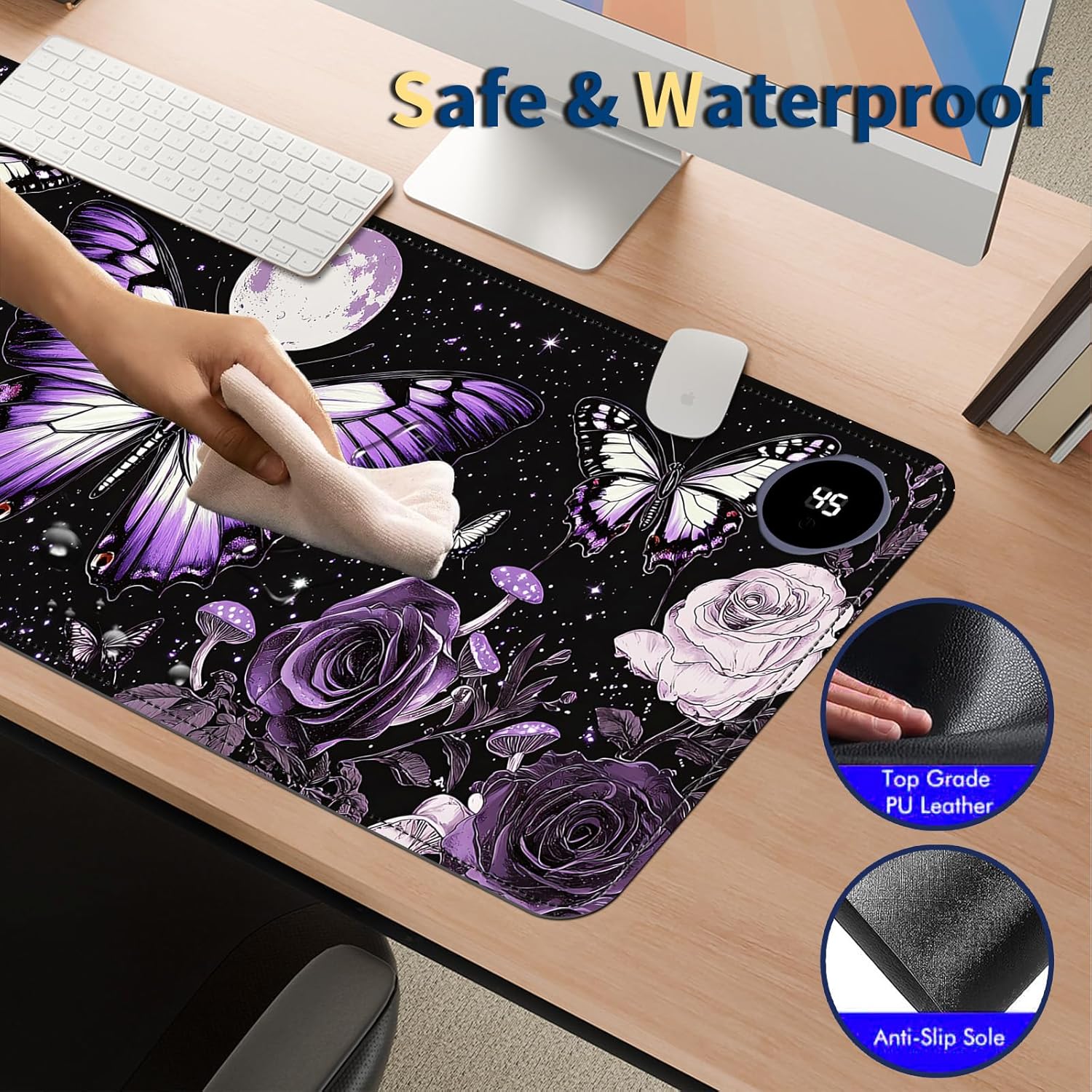 Heated Mouse Pad with 3 Temperature Settings(104°F–122°F),Large 31.5x13 Inch PU Leather Heated Desk Mat,Waterproof Warming Pad for Office,Gaming & Cold Hands Relief,Purple Butterfly Flower