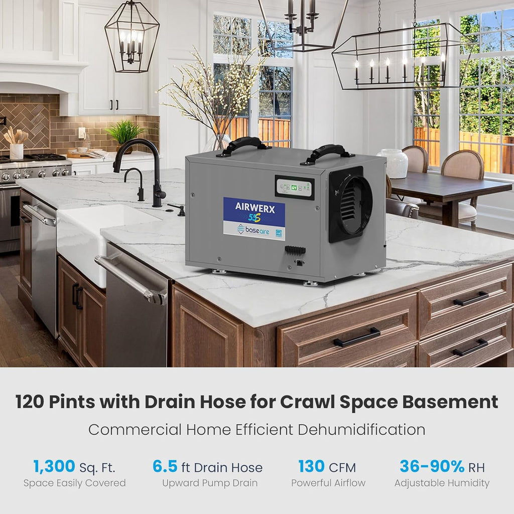 BaseAire 120 Pints Crawl Space Dehumidifier with Drain Hose, Energy Star Dehumidifier for Commercial, Home and Basement, Compact, Auto Defrost, Intelligent Control, Auto Restart, Up to 1300 Sq Ft