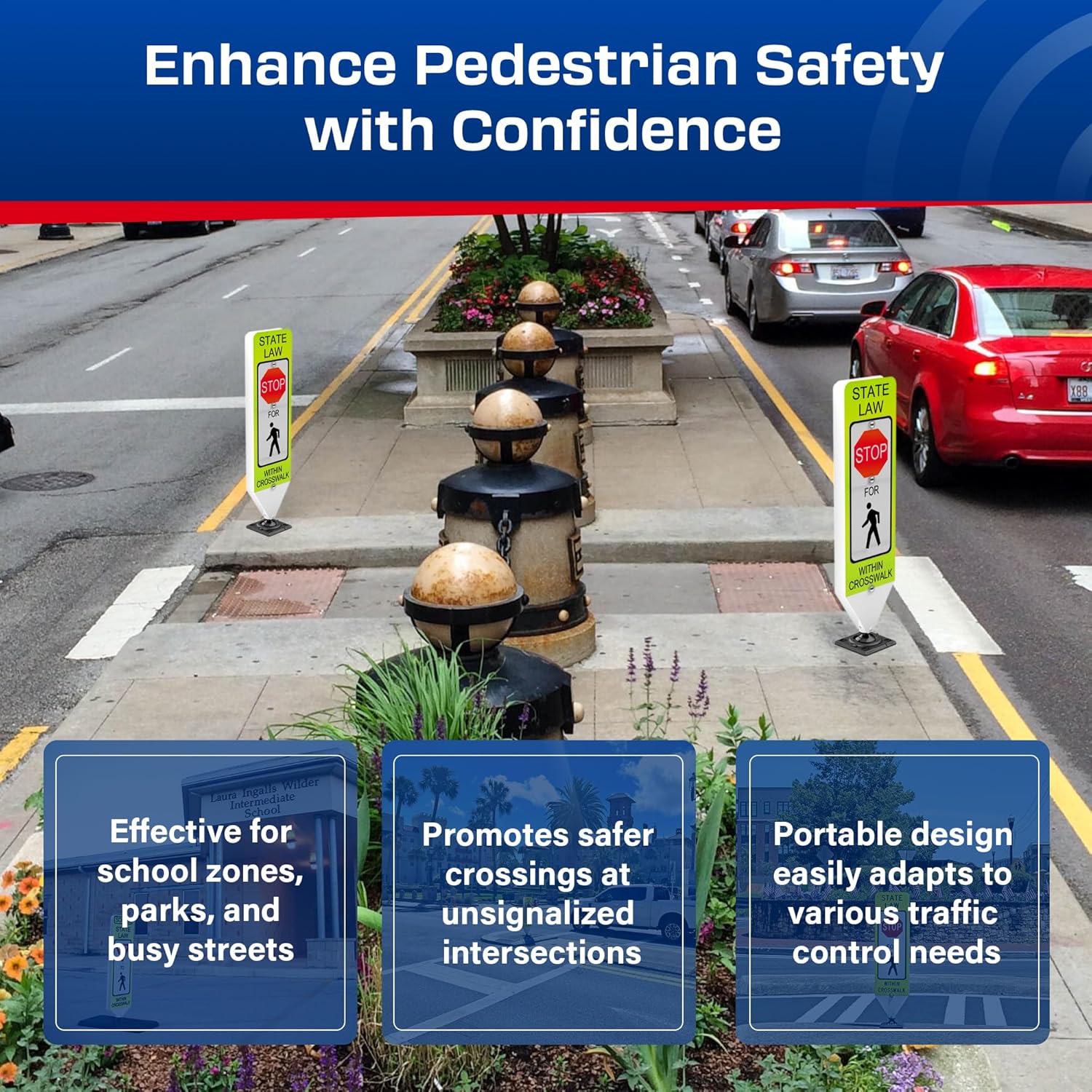 Impact Recovery - In-Street Pedestrian Crossing Signs - Street Sign - Road Safety Stop Sign with Surface Mount Base