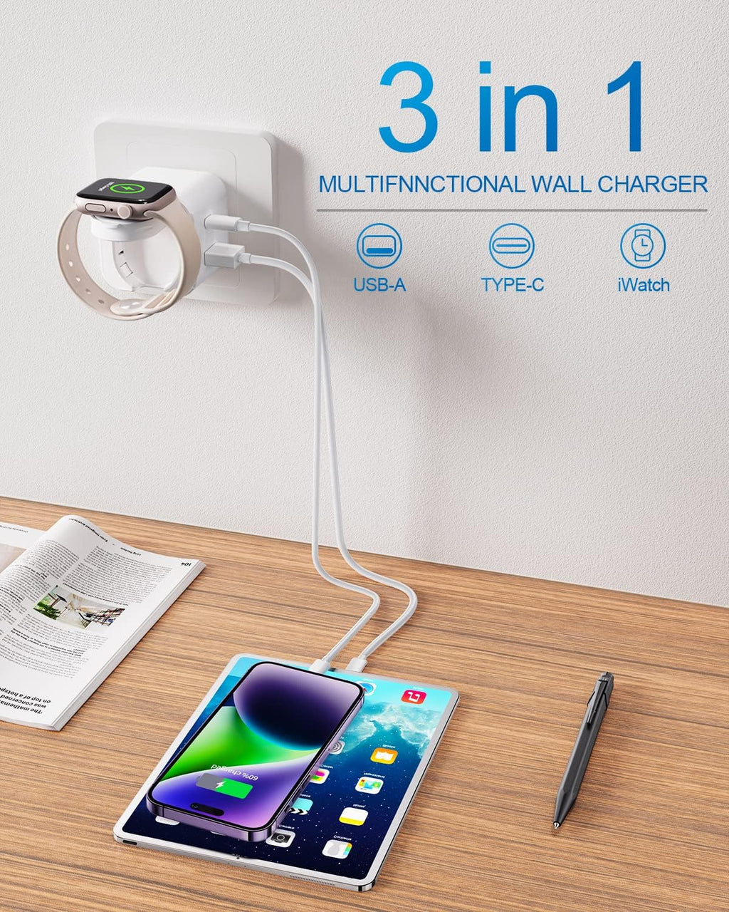 36W for Apple Charging Block with Built-in Watch Charger, Foldable PD Fast Charger Block for iPhone, Dual Ports Wall Charger Compatible with Apple Watch iPhone AirPods (White)