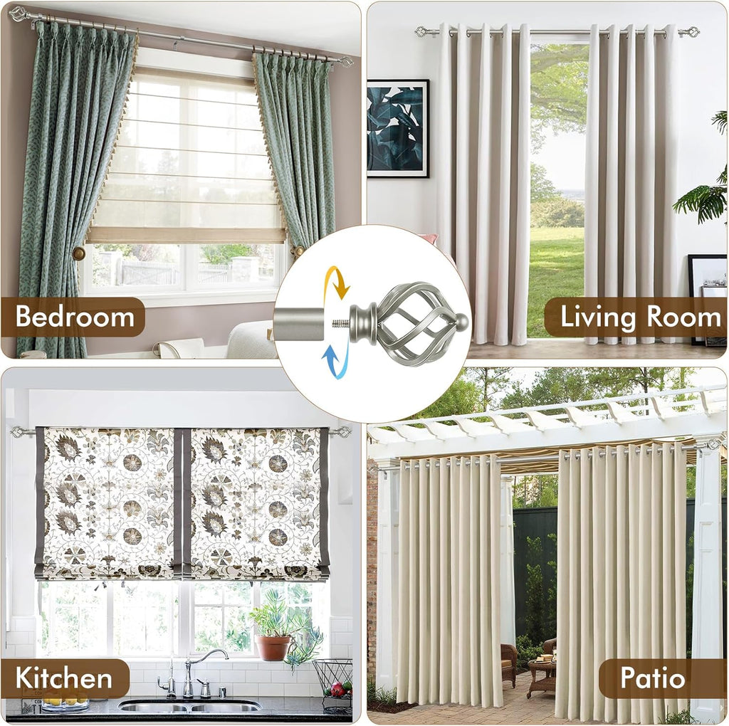 KAMANINA Silver Curtain Rods for Windows 48 to 84 Inch, Adjustable Single Curtain Rod 32 to 86 Inch(2.6-7.1ft), 3/4 Inch Splicing Drapery Rods with Twisted Cage Finial
