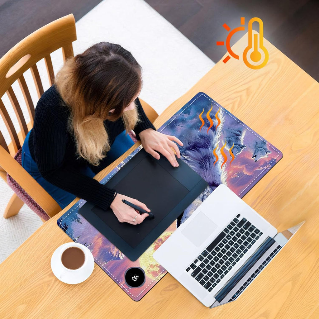 Heated Mouse Pad, Warm Desk Pad, Keyboard Mat 23.6 x 14 Inch Large Size Intelligent Fast Heating, 3 Speed Adjustable, Timed Auto Power Off for Game Office Home, Wolf Howling Under The Moon