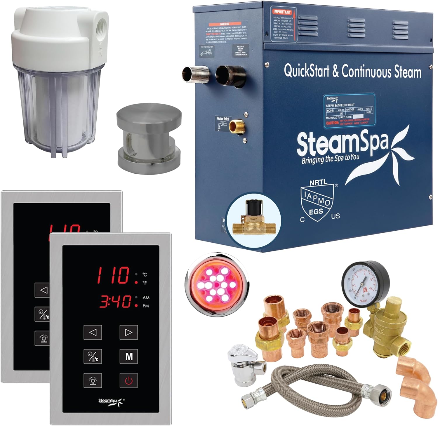 SteamSpa Executive 7.5 KW QuickStart ACU-Steam Bath Generator Package with Built-in Auto Drain in Brushed Nickel | Steam Generator Kit with Dual Control Panel Steamhead 240V | EXT750BN-A