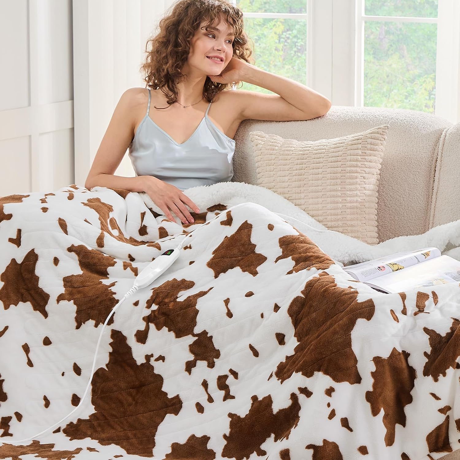 Cow Print Electric Heated Blanket King Size,90X100 Brown Heating Blanket King with Dual Control&Timer&10 Heat Levels,Highland Cow Decor Fleece Sherpa Blankets Warmer Gifts for Bed Women Adults