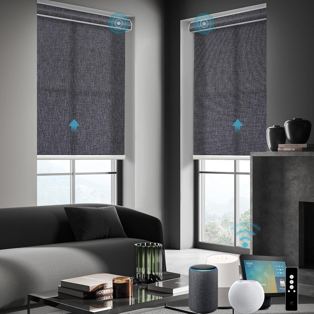 SmartWings Motorized Smart Roller Shades in Light Filtering, Electric Blinds with Remote for Windows Compatible with Alexa/Google Home/Homekit, Customized, 70% Blackout Twilight Charcoal Grey