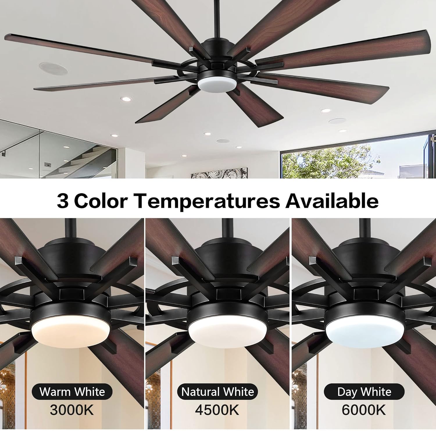 WINGBO 72" DC Ceiling Fan with Lights and 3 Downrods, Matte Black Ceiling Fan with Walnut/Walnut Shadowed Reversible Blades, 6-Speed DC Motor, Indoor Ceiling Fans for Kitchen Bedroom Living Room