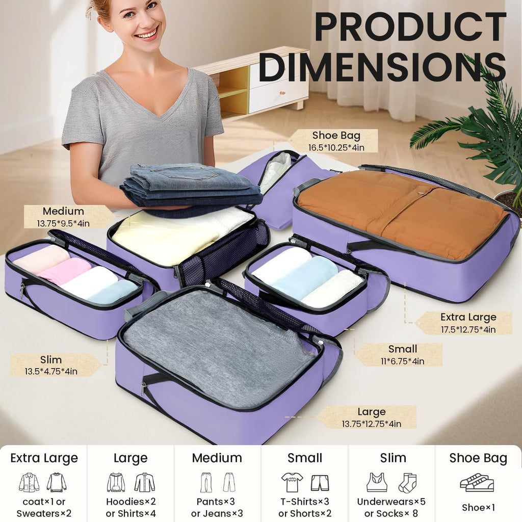 BAGAIL 4 Set/6 Set/8 Set Compression Packing Cubes Travel Accessories Expandable Packing Organizers (Half Mesh, 6-Lavender)