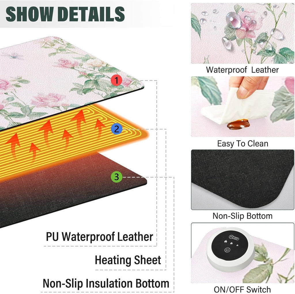 Heated Desk Pad Mouse Pad 31.5x13 Inch PU Leather Desk Mat with 3 Heat Levels Large Mouse Gaming Computer Laptop Mat Pink Spring Rose and Dragonfly Butterfly