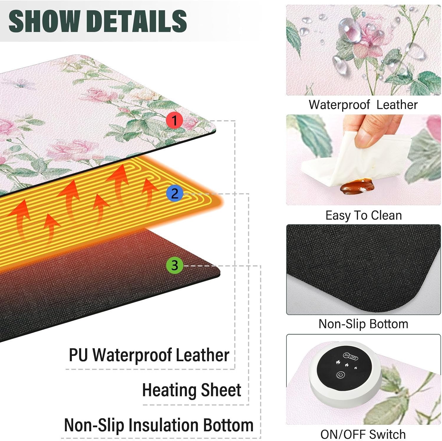 Heated Desk Pad Mouse Pad 31.5x13 Inch PU Leather Desk Mat with 3 Heat Levels Large Mouse Gaming Computer Laptop Mat Pink Spring Rose and Dragonfly Butterfly