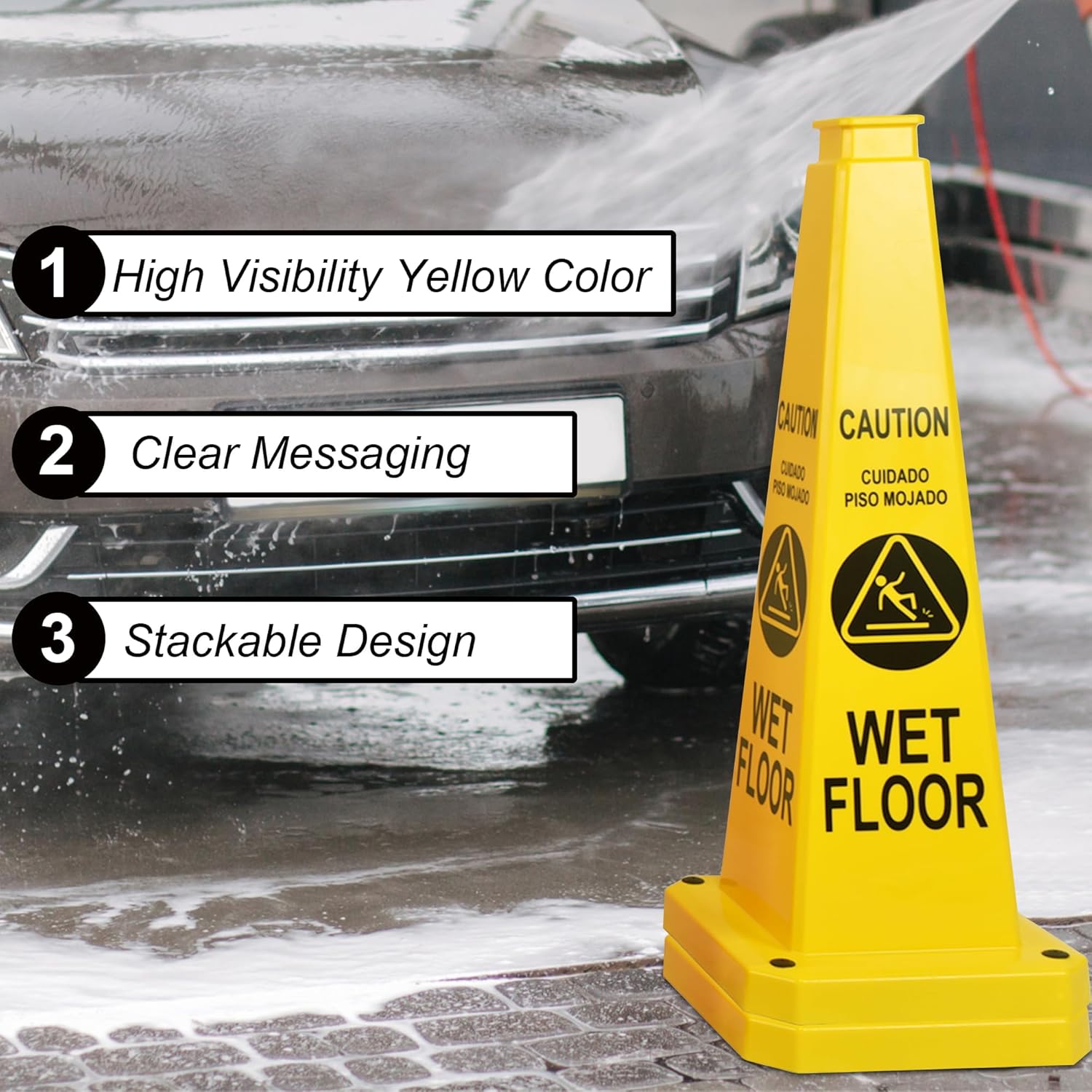 OrangeStar 6-Pack 28" Wet Floor Caution Cones, Yellow 4-Sided Bilingual Warning Message Safety Traffic Cones with Heavy Rubber Base for Indoor/Outdoor Use