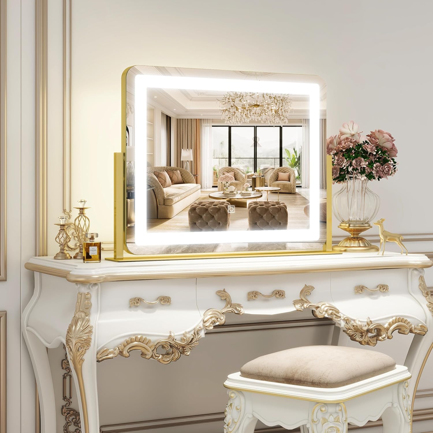 ROLOVE Gold Vanity Mirror with Lights - Smart Touch Dimming, 3-Color Lighting, 360° Rotatable Desktop Makeup Mirror for Desk, 22"x17"