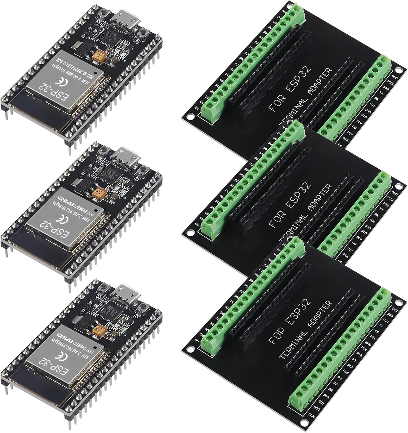 3 Set ESP32 Development Board 38Pin Narrow Version WiFi + Bluetooth Microcontroller ESP-32 ESP-32S Board ESP-WROOM-32 with ESP32 Breakout Board GPIO 1 into 2 Terminal Screw Board