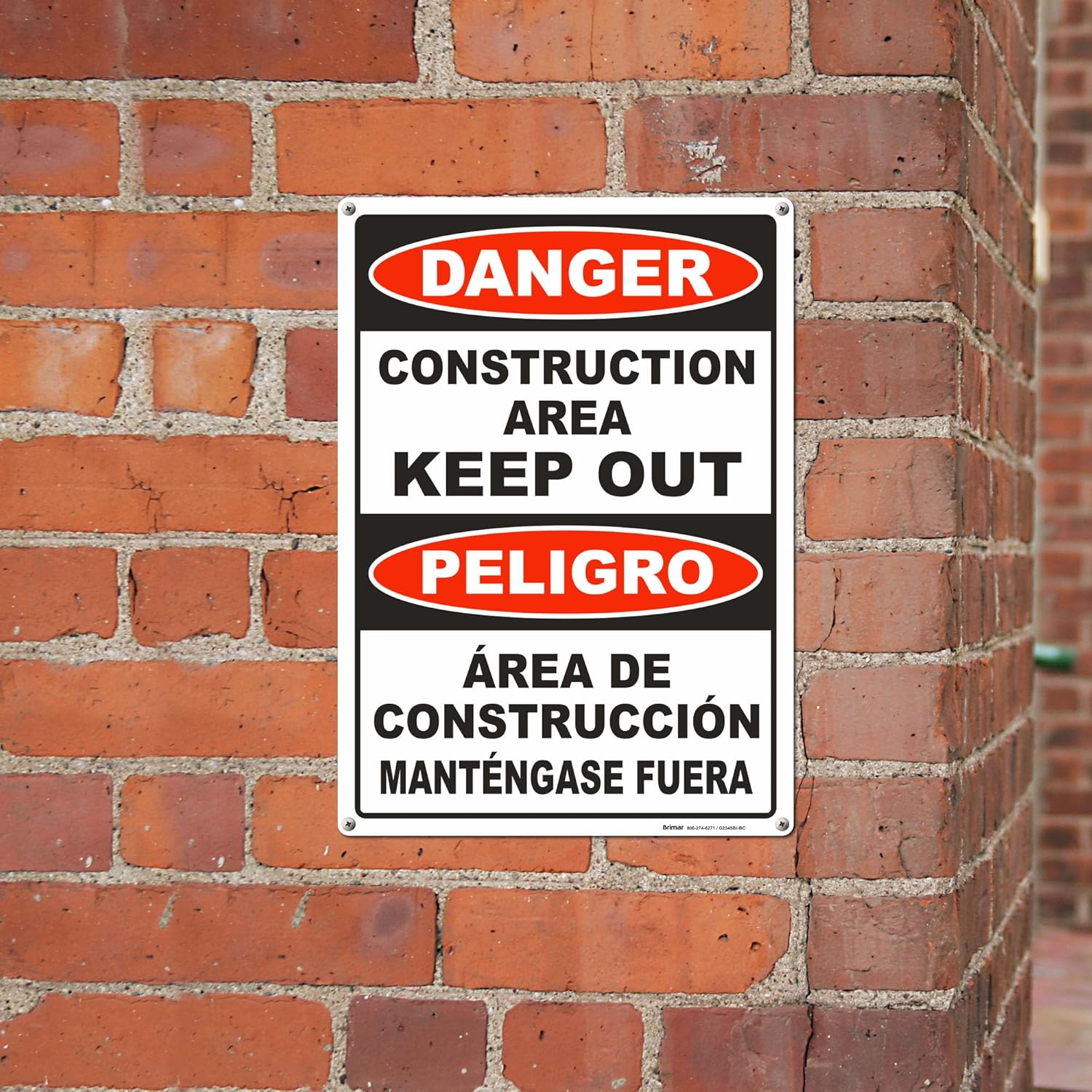 Brimar - 10" x 14" - Bilingual Danger Construction Area Keep Out Sign - .055″ Polyethylene Plastic - Bold Text - Easy Installation