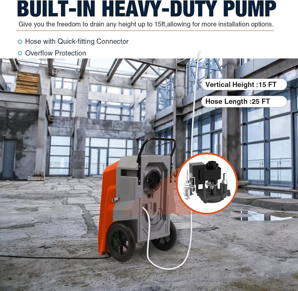 MOUNTO 180Pints LGR Industrial Dehumidifier with Pump and Drain Hose, Portable Commercial Dehumidifier with Wheels for Home, Basements, Garages, and Job Sites (Orange)