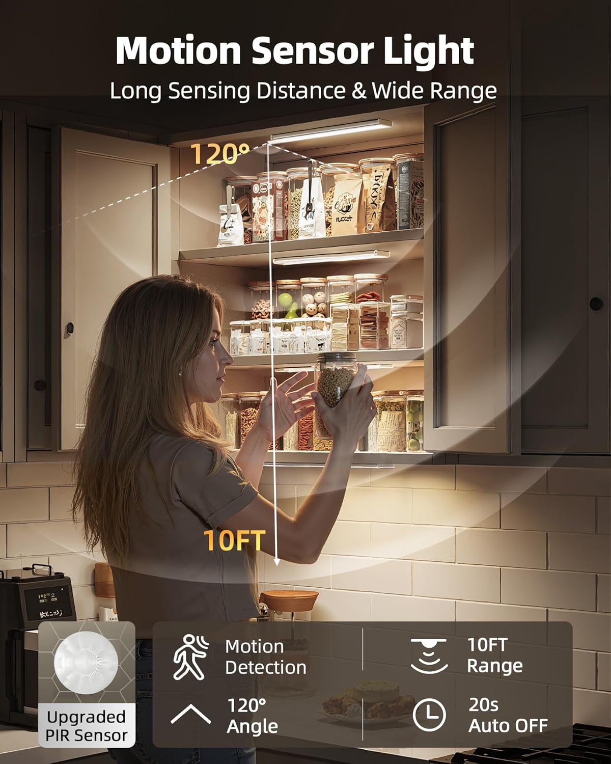 Under Cabinet Lighting Wireless,Rechargeable Battery Motion Sensor Light Indoor,LED Closet Lights USB Charging,3 Color Dimmable Under Cabinet Lights for Kitchen, Cabinet, Wardrobe (3 Pcs) 8inch