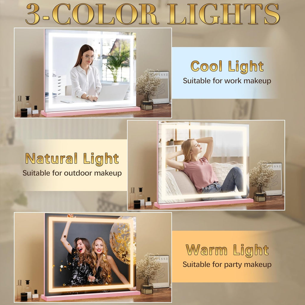 ROLOVE Pink Makeup Mirror with Lights 23x19 Inch, 3-Color Dimmable LED & Touch Control，10X Magnification - Pink Vanity Mirror for Dressing Room (Wall/Tabletop Mount) - Gifts for Women,Teengirls