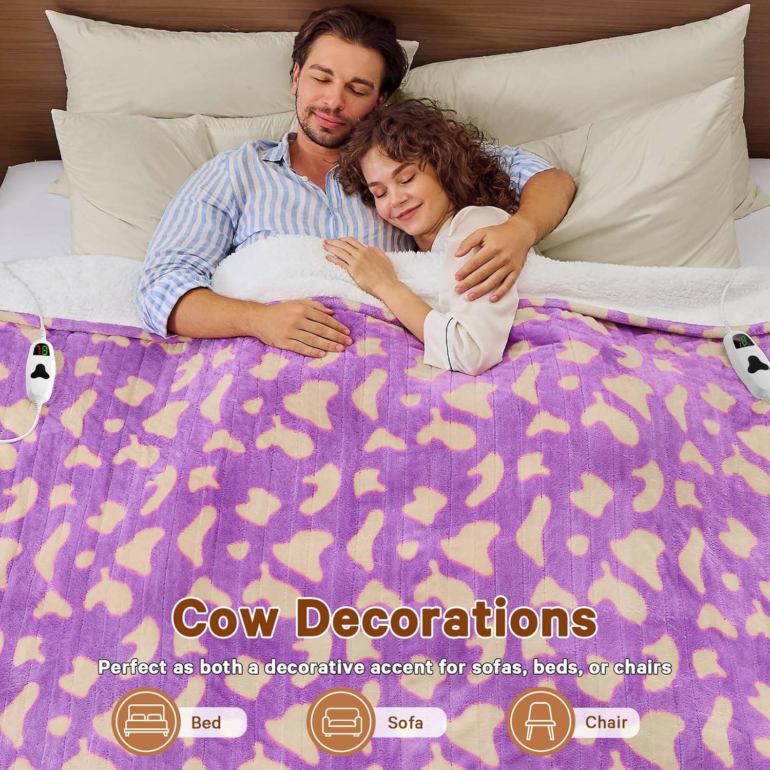 Leopard Print Electric Heated Blanket Queen Size,84X90 Purple Heating Blanket Queen with Dual Control&Timer&10 Heat Levels,Cute Leopard Fleece Sherpa Blankets Warmer Gifts for Bed Women Adults