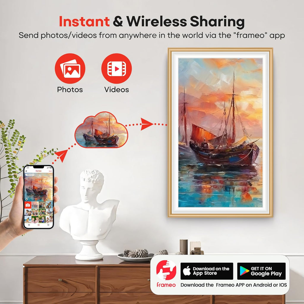 64GB Frameo 15.6" Digital Picture Frame Large 1920 x 1080 IPS FHD Touch Screen WiFi Electronic Photo Frames Share Moments Instantly Anywhere Best Gifts for Parents and Grandparents Golden White