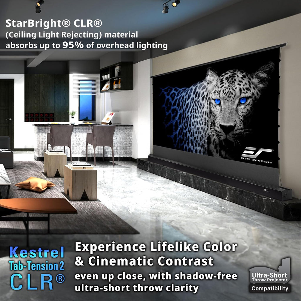 Elite Screens Kestrel Tab-Tension CLR, 101 inch 16:9, Ultra-Short Throw Ceiling Ambient Light Rejecting ALR Electric UST Floor-Rising Projection Motorized Front Projector Screen, FTE101UH3-CLR, Black