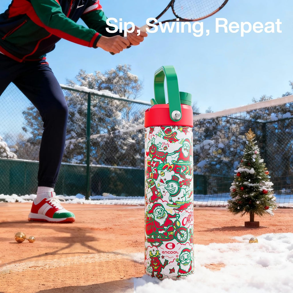 ENCOOL Christmas Insulated Water Bottle with Straw, Stainless Steel Water Bottle, Leak Proof BPA-Free, Keeps Cold for 24 Hours for Sports, Christmas Holiday Gifts for Women, 26 oz, Santa Rider