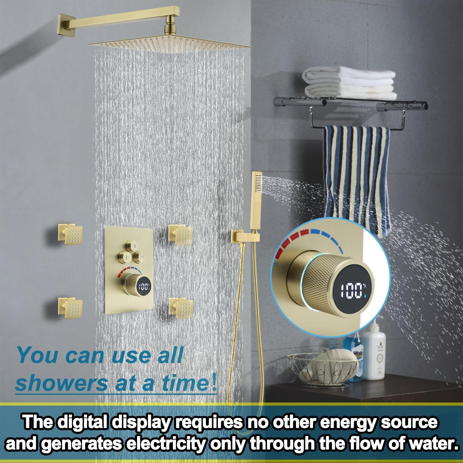 Digital Display Shower Valve Shower Valve 3 Way Shower Diverter Valve Shower Mixing Valve Can Use All the Time Brushed Gold