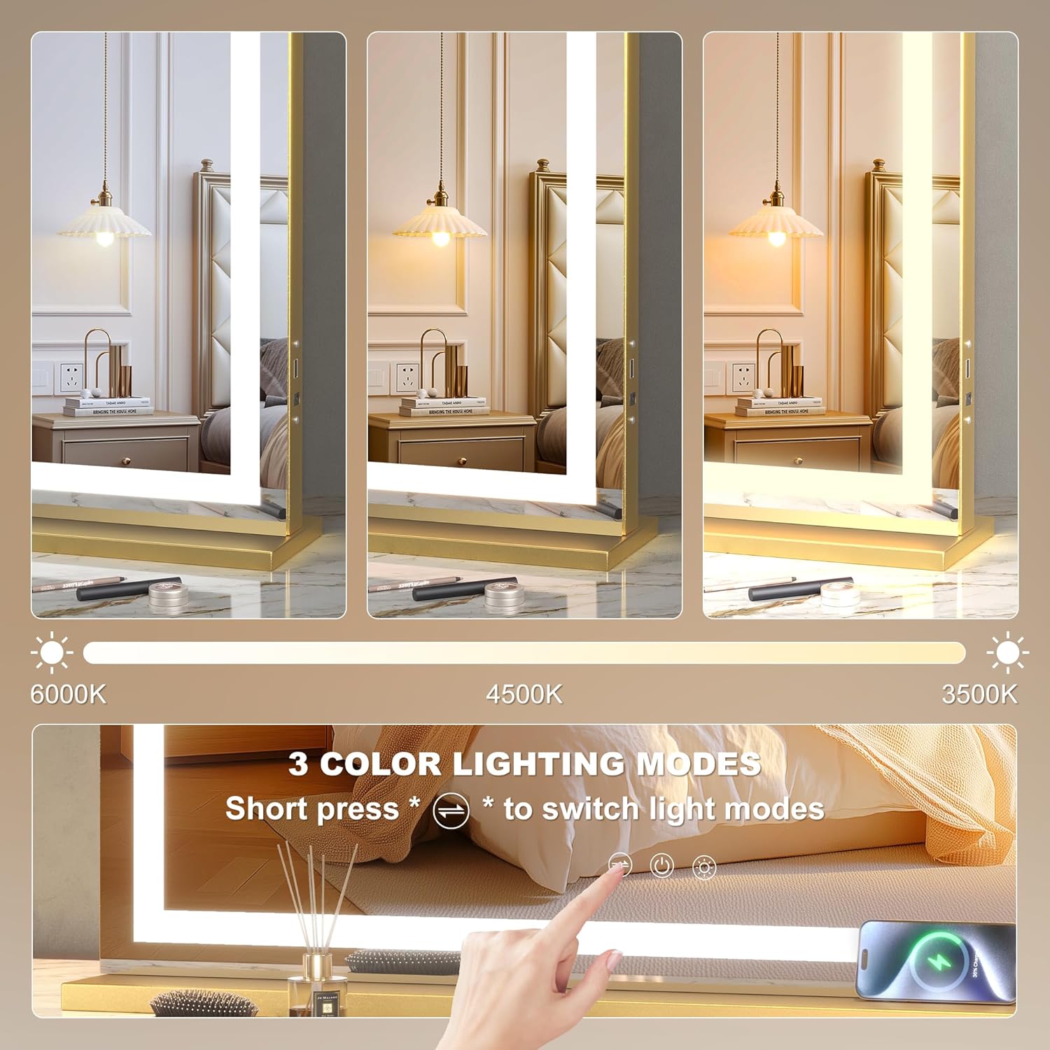 Hasipu Vanity Mirror with Lights, 23" x 18" LED Makeup Mirror, Lighted Makeup Mirror with Dimmable 3 Modes, Touch Screen Control Vanity Mirror Square Gold