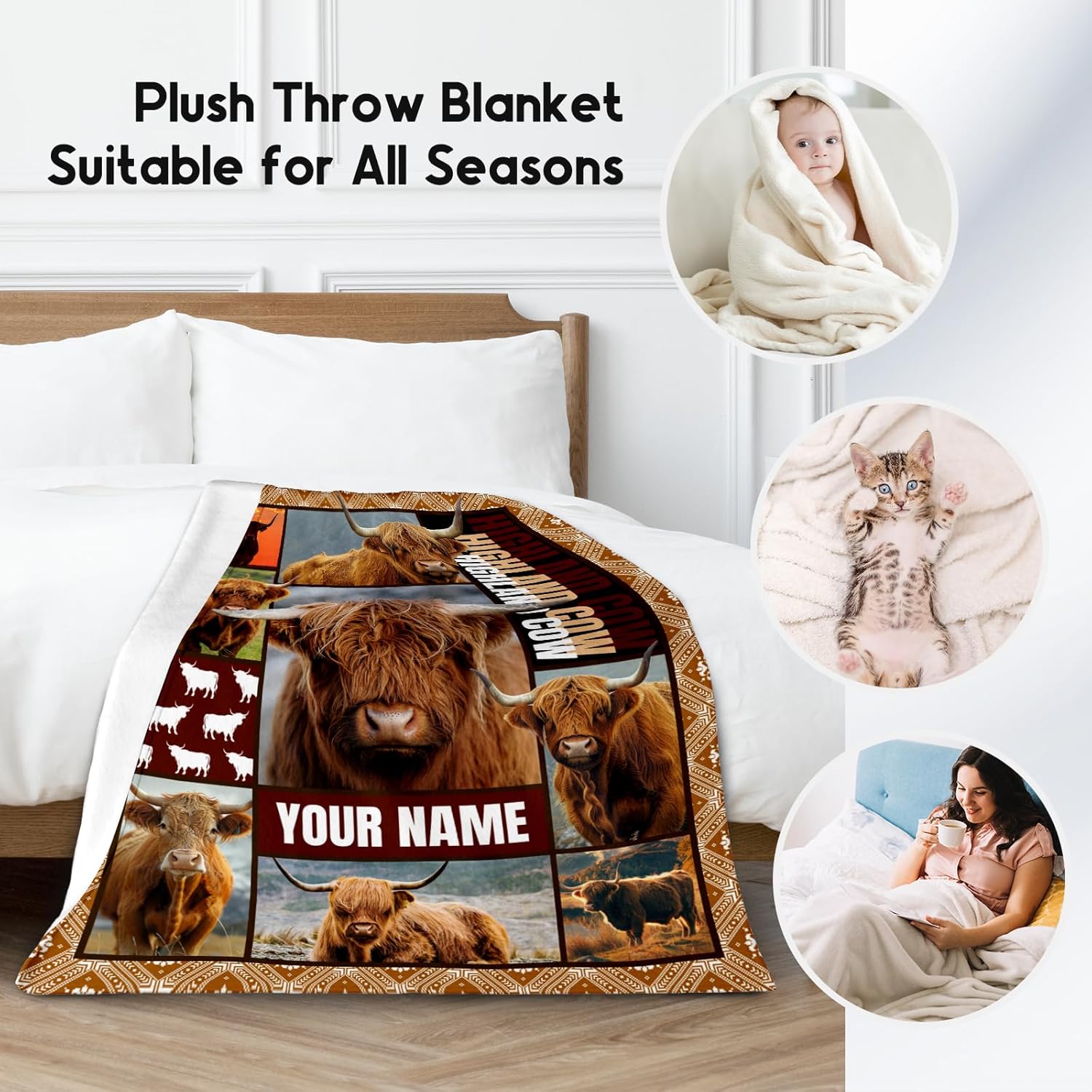 Personalized Blanket for Women Girls, Custom Highland Cow Gifts for Adults - 50"x60" Kids Throw for Couch, Sofa, Bed - Soft, Fuzzy & Cozy - Wildlife Home Decor Gift Ideal