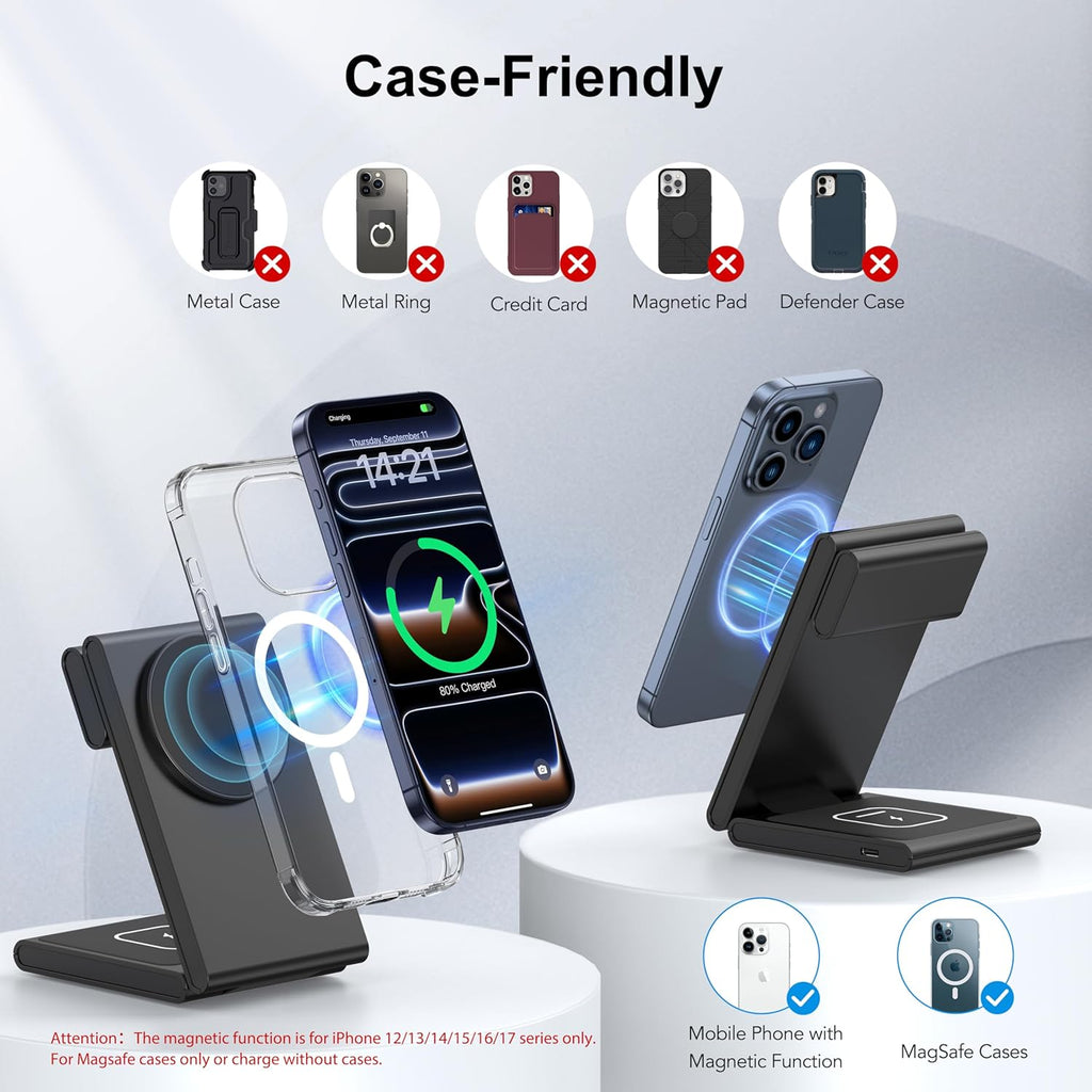 3 in 1 Wireless Charging Station for Multiple Devices, Fast Foldable Travel Mag-Safe Stand for iPhone 17/16/15/14/13 Series, Magnetic Charger for Apple Watch 11/10/Ultra 3/2/AirPods 4 with 20W Adapter