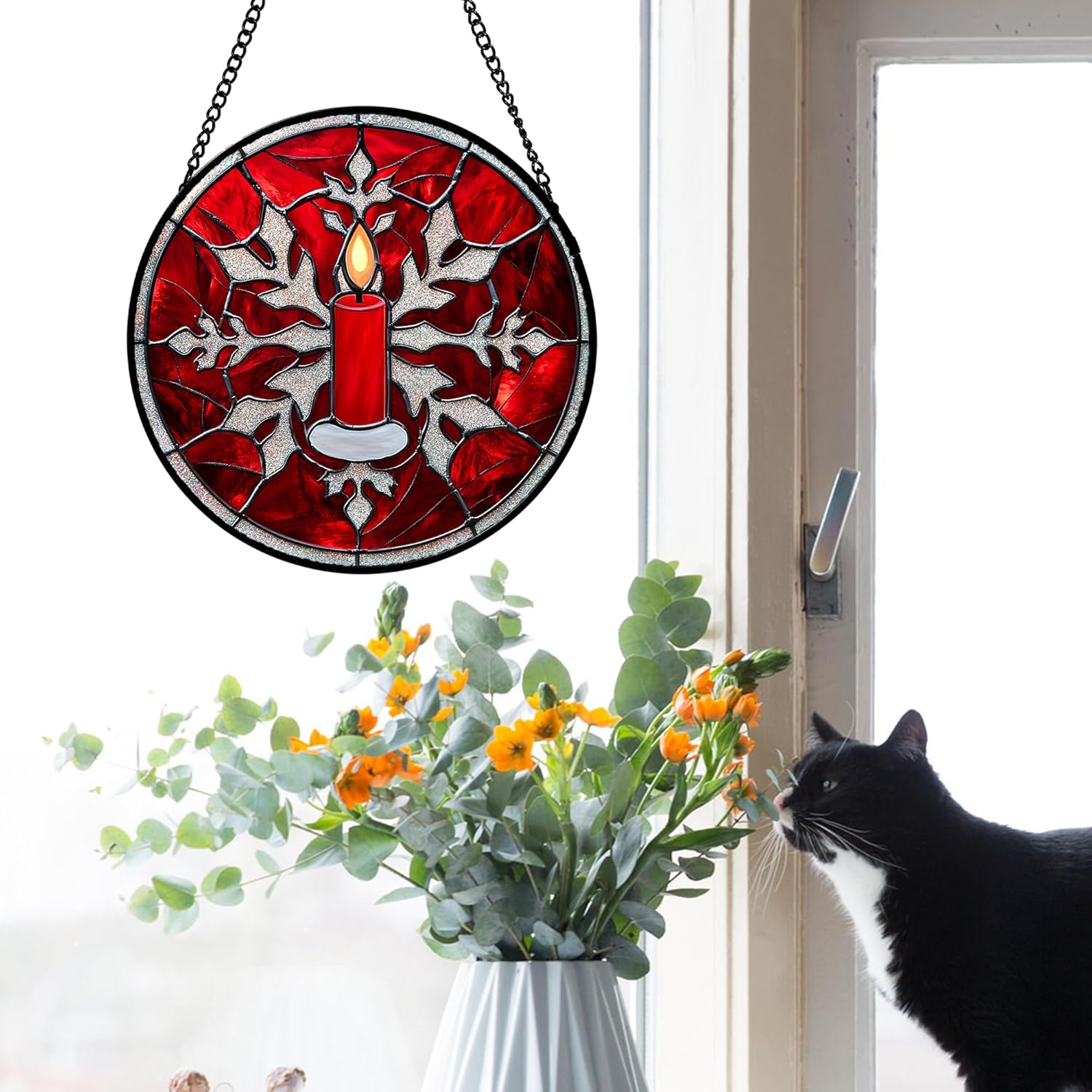 Stained Glass Window Hanging 4 Pcs Set Red Christmas Decorations Theme Large 11.8" - Suncatcher Door Garden Sun Catcher Decor Birthday for Mom Woman Nana Men Friend Wife