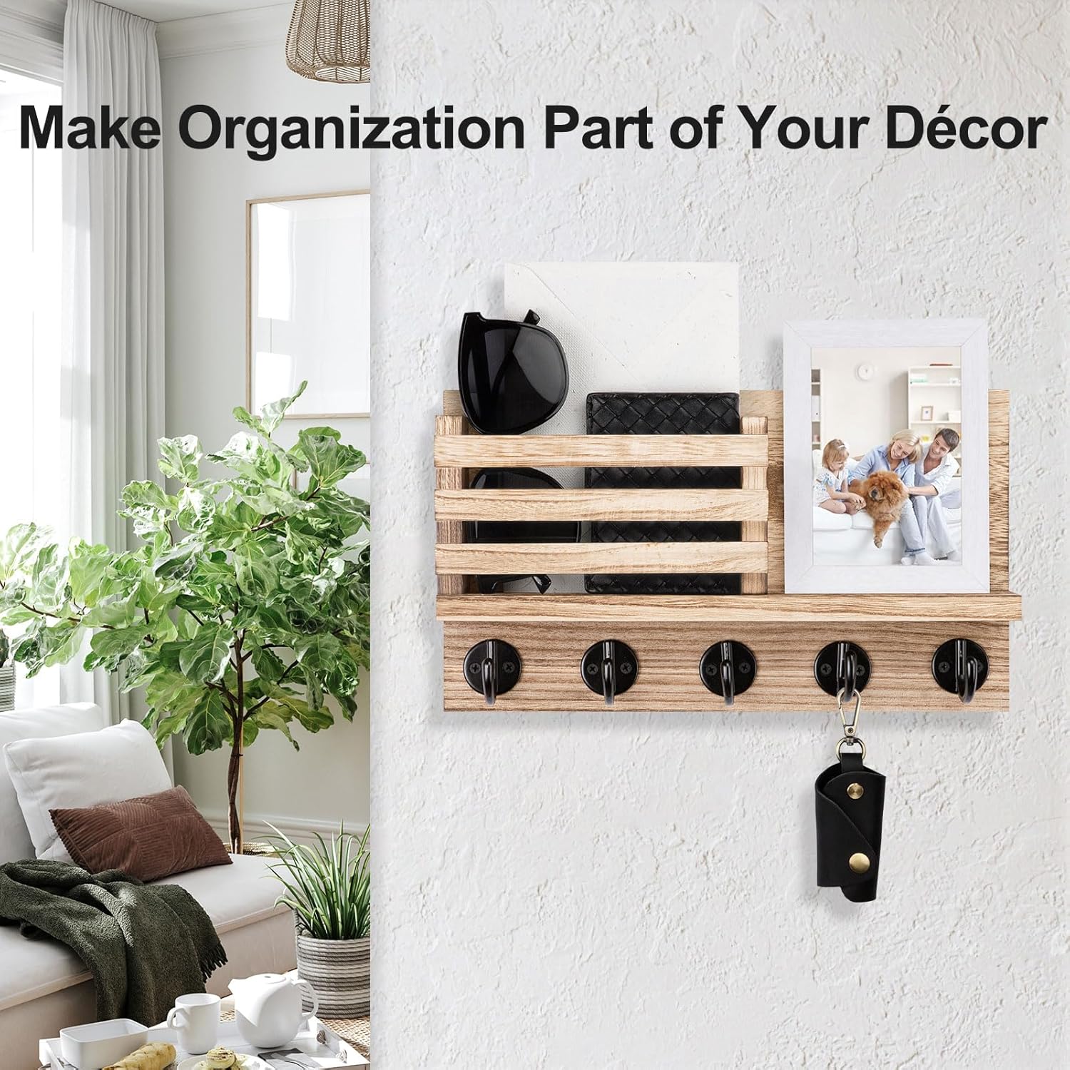 Key Holder for Wall – Decorative Wooden Mail Holder and Key Shelf with Mounting Hardware, Installation Guide – Paulownia Wood with 5 Metal Key Hooks (11.8” x 6.7” x 2.8”)