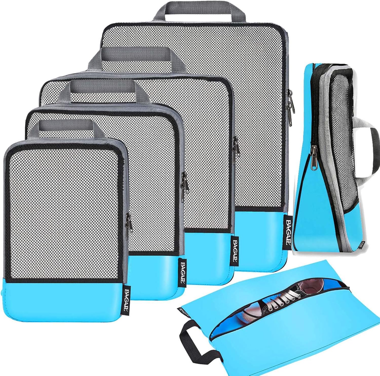 BAGAIL 4 Set/6 Set/8 Set Compression Packing Cubes Travel Accessories Expandable Packing Organizers (Half Mesh, 6-Blue)