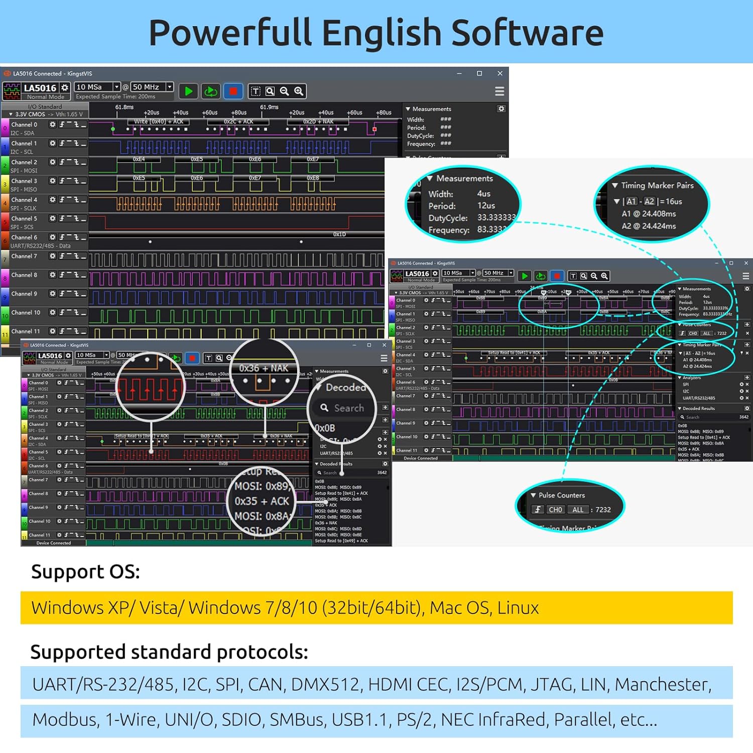 LA5016 USB Logic Analyzer - 16 Channels 500MS/s 10GB Depth PWM Generator, MCU ARM FPGA Debug Tool, English Software, Support for Windows, macOS, Linux