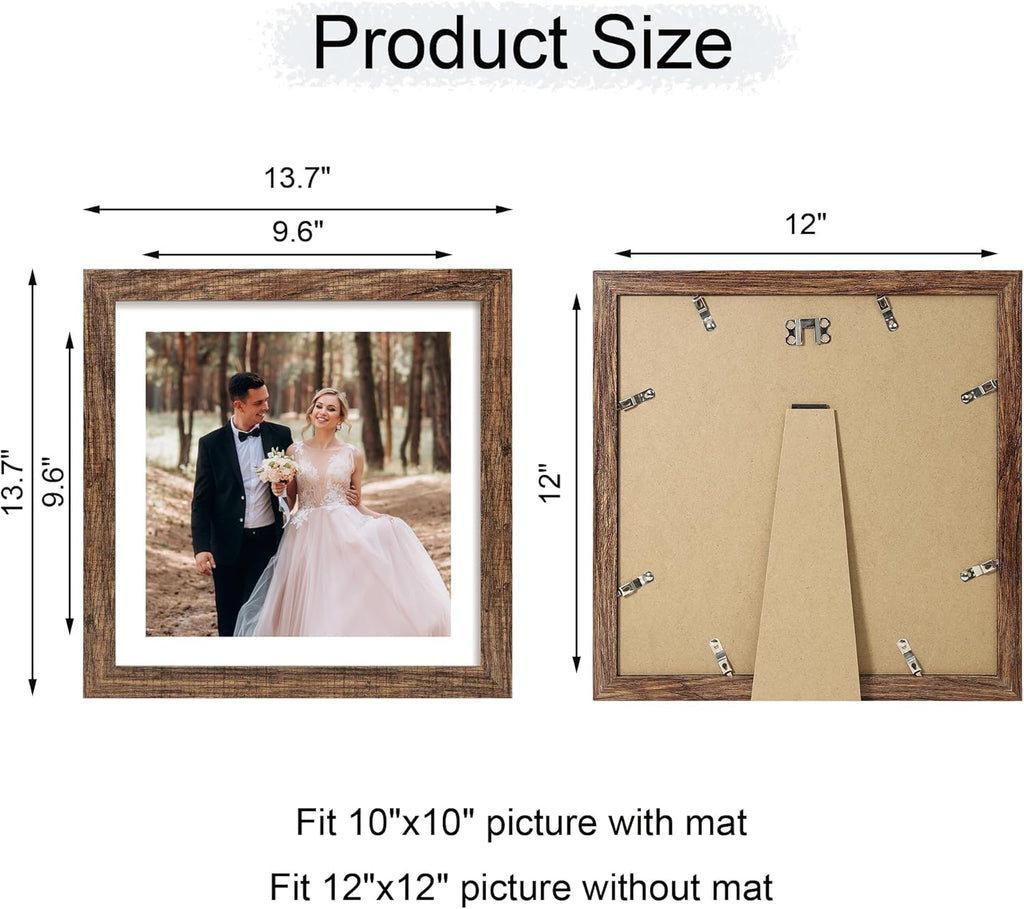 iRahmen 12x12 Picture Frame Set of 4 with Tempered Glass, Rustic Frame Display 10x10 Pictures with Mat or 12 x 12 Without Mat, Wood Square Photo Frames for Desktop Display and Wall Mounting